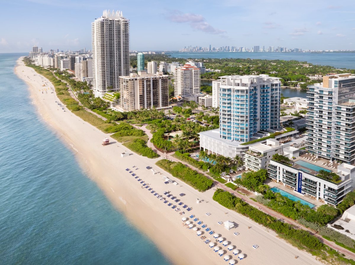 Aerial along the Miami Beach shoreline, surf breaking beside the palm-lined avenue north of the hotel