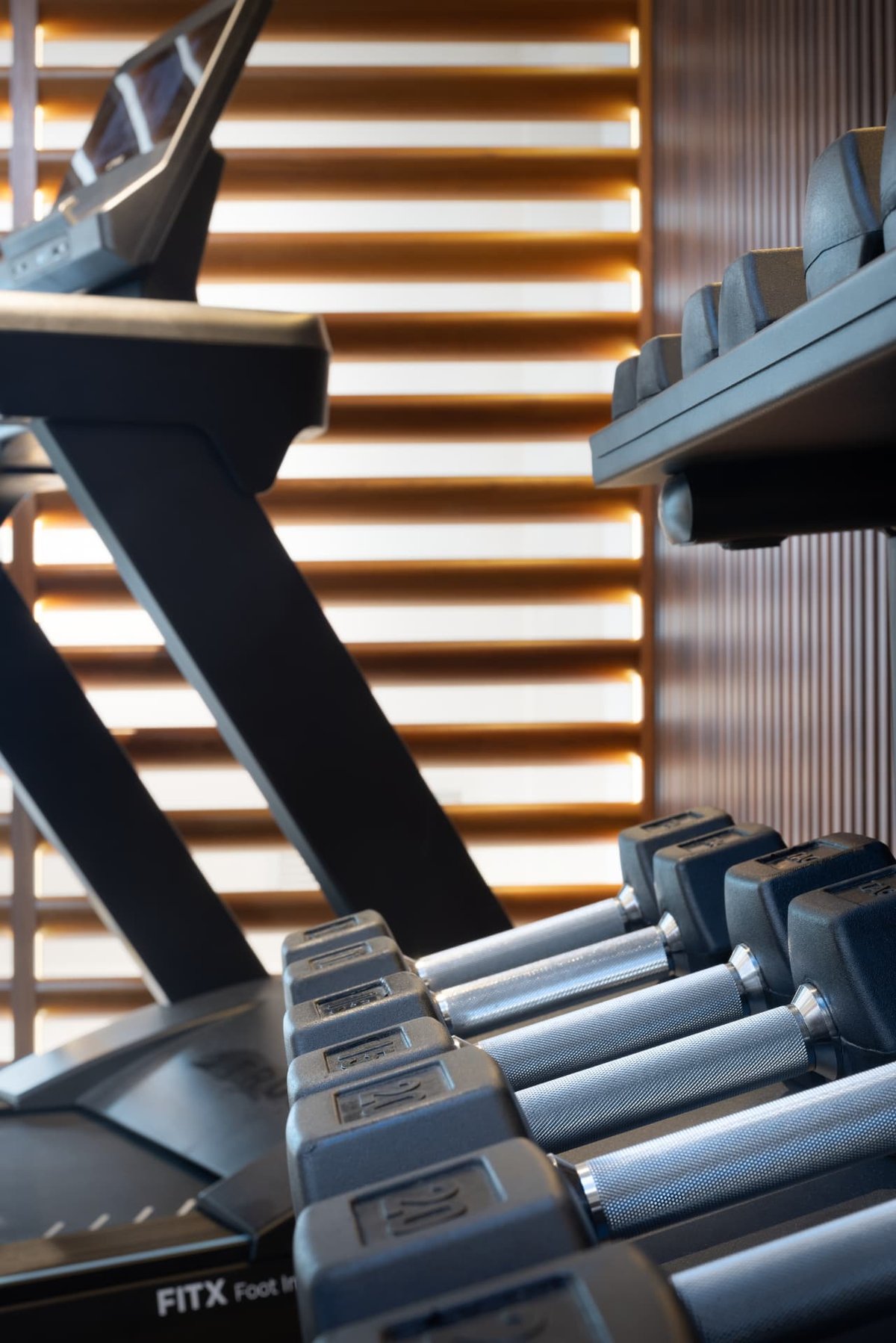 Close detail of the chrome dumbbell rack beside the treadmill console, backlit timber louvres warm behind
